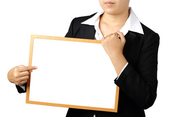 businesswoman showing blank signboard isolated with clipping path.