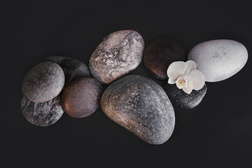 Spa stones and beautiful orchid flower on black background, top view