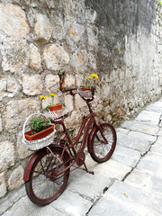 flowers on a Bicycle in a long alley of the old town