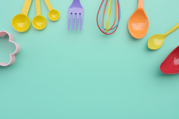 close up of baking utensils tools and cooking concept for background