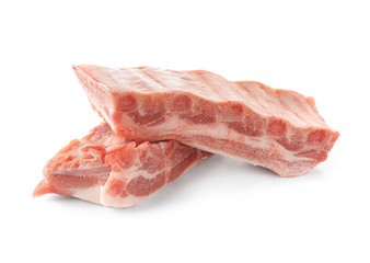 Raw pork ribs on white background. Fresh meat products