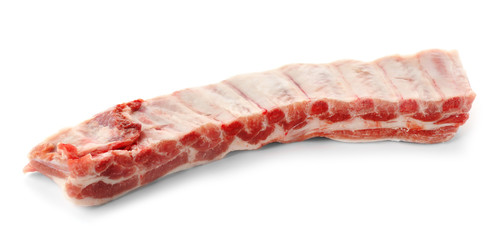 Raw pork ribs on white background. Fresh meat products