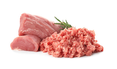 Raw meat products on white background