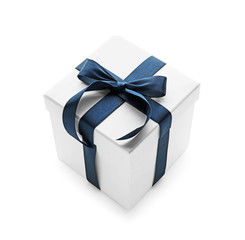 Gift box with dark ribbon on white background