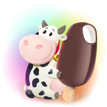 Cartoon friendly cow holding ice cream chocolate bar. Vector clipart illustration.