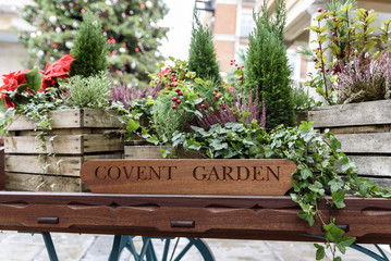 Flora filled cart, advertising London's famous old Flower Market, Covent Garden