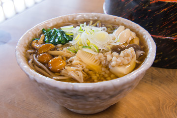 wild mushroom with mountain bamboo shoots soba