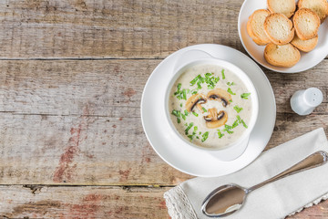 Cheese cream soup with mushrooms. The view from the top. Copy-space.