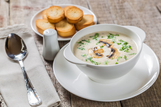 Cheese cream soup with mushrooms. Copy-space.