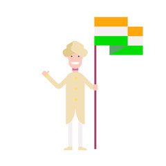 A Hindu man is standing with a flag, smiling and waving his hand