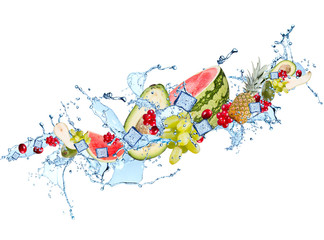 Obraz na płótnie Canvas Splash with fruits, orange, kiwi, blackberries, raspberry, melo, pineapple, pear, grape, avocado isolated on white background. 