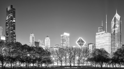 Black and white Chicago panorama at night, USA.
