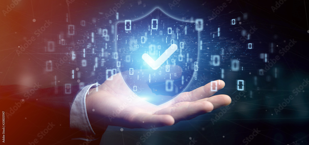 Poster man holding a shield web security concept 3d rendering