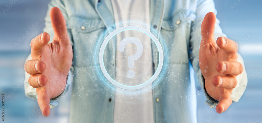 Poster man holding a technology question mark icon on a circle 3d rendering