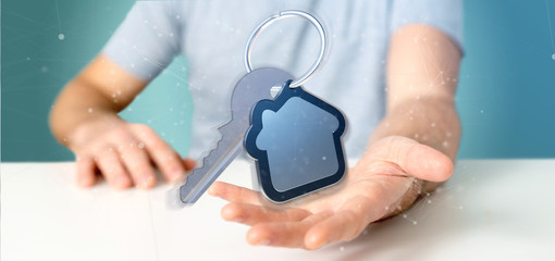 Man holding a Key and house 3d rendering