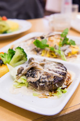 omurice hamburger steak with mushroom sauce