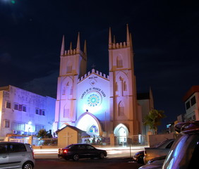 Night view of  Church of St. Francis Xavier  in Malacca, Malaysia