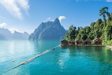 beauty full hotel in paradise with water and sunrise in the morning  at  khao sok surat thani thai...