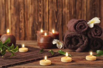 Set for spa treatment on wooden table