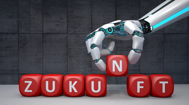Roboter Hand mit Roten W&uuml;rfeln und dem Wort Zukunft