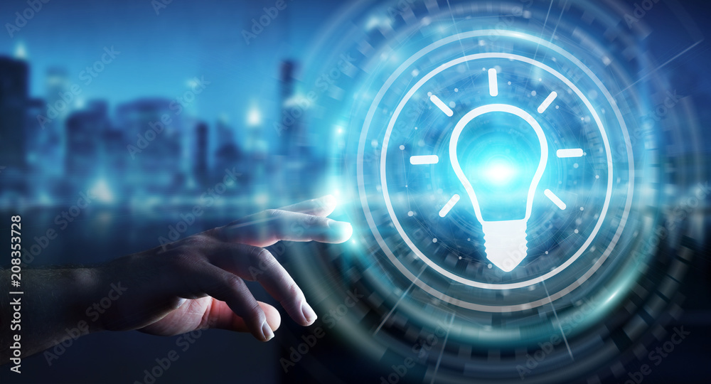 Aufkleber Businessman using lightbulb idea interface 3D rendering