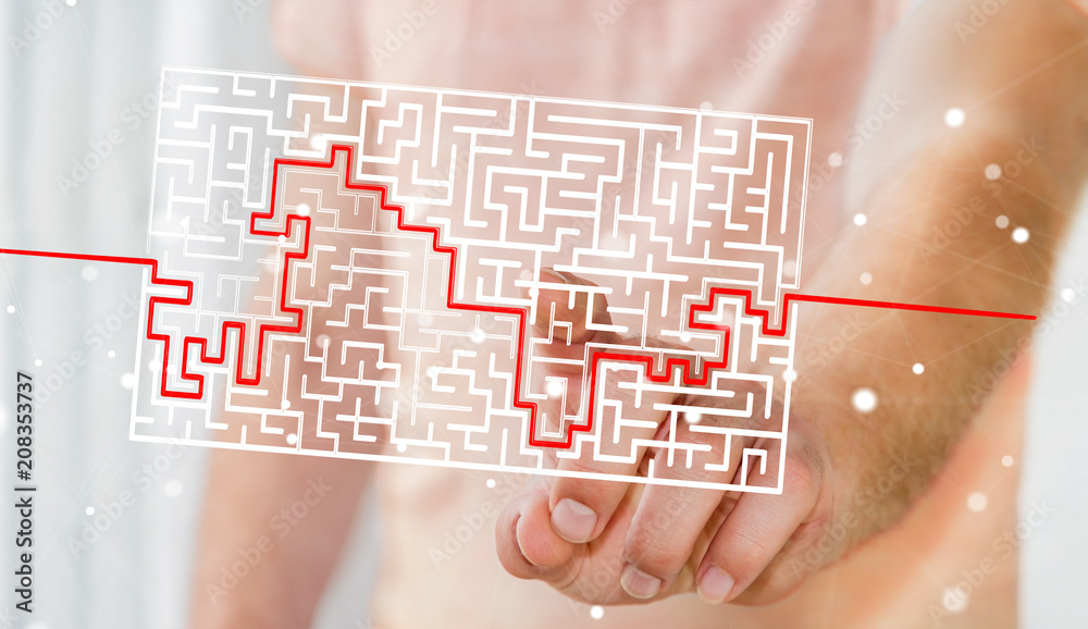 Poster businessman searching solution of a complicated maze