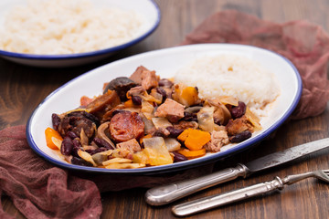 typical portuguese dish feijoada transmontana on white plate