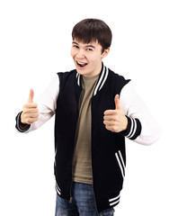 Portrait of an emotional young man. Shows thumb up Isolated on white background.