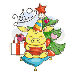 Cute cartoon pig in love. Symbol of New 2019 Year