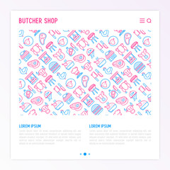 Butcher shop concept with thin line icons: meat steak, beef, pork, mutton, BBQ, chicken, burger, cutting board, meat knives. Modern vector illustration, print media template.