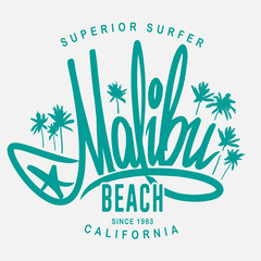 Malibu surf typography, vector t-shirt print design