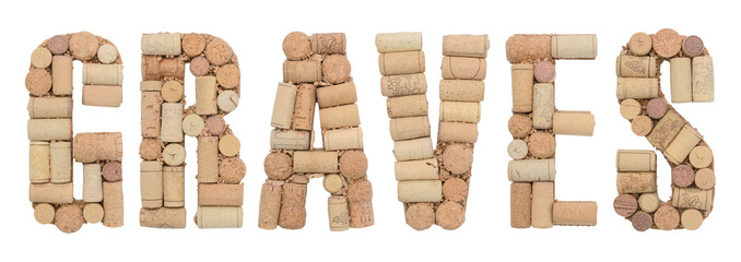  Word Graves made of wine corks Isolated on white background, Appellation of France