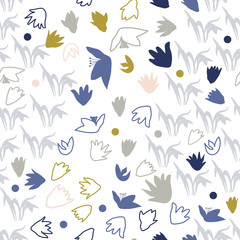 Vector floral seamless pattern with hand drawn scilla or snowdrop flowers and leaves. Modern decorative background in pastel colors.