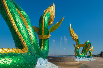 Naga statue in Buddhist temple Nhong kai Thailand	