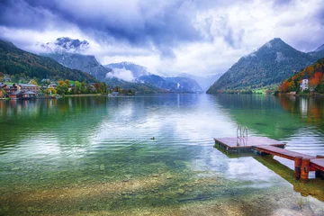 Fototapeten Idyllic autumn scene in Grundlsee lake in Alps mountains, Austria © pilat666