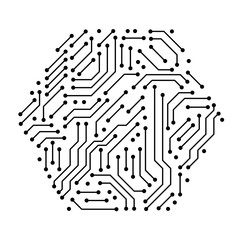 Printed circuit board black and white computer technology elements in a shape of a hex, vector - 208358147