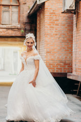 Fototapeta premium Wedding fashion. Beauty portrait of a bride wearing fashion wedding dress with feathers with luxury delight make-up and hairstyle.