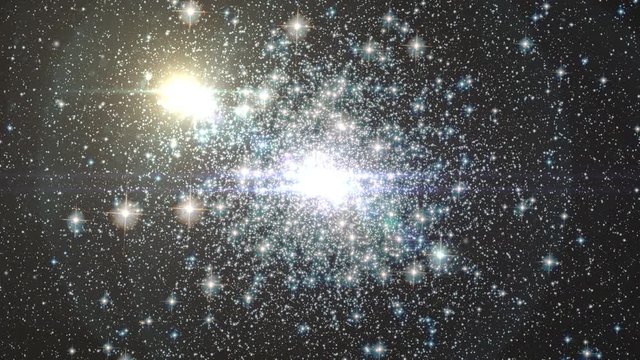 Travel to globular cluster Messier 30 slow rotating with flying stars and flares  in outer space, 3D animation. Contains public domain image by NASA