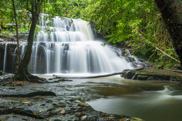 Obraz premium waterfalls in deep forest at National Park ,A beautiful stream water famous rain forest waterfall in Thailand