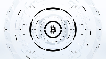 Bitcoin cryprocurrency futuristic black and white vector illustration for background, HUD, graphic user interface, banner, business and finance infographics. Worldwide digital money blockchain system
