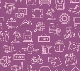 Travel, vacation, tourism, vacation, seamless pattern, outline, purple, color, vector. Different types of holidays and ways of travelling. Vector, color background. 