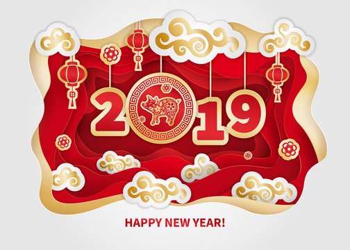 Pig is a symbol of the 2019 Chinese New Year. Greeting card in Oriental style. Frame, floral elements, lanterns and clouds around Golden zodiac sign Pig on red background. Paper cut art