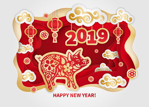 Pig is a symbol of the 2019 Chinese New Year. Greeting card in Oriental style. Frame, floral elements, lanterns and clouds around Golden zodiac sign Pig on red background. Paper cut art
