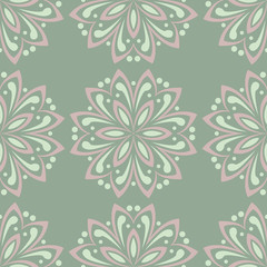 Floral seamless pattern. Olive green background with pale pink flower elements