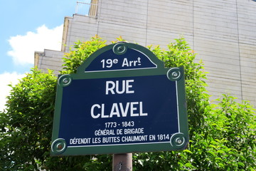 Rue Clavel. Plaque de nom de rue.