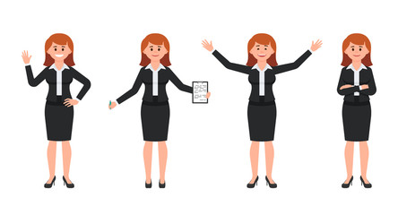 Fototapeta na wymiar Happy businesswoman in black suit cartoon character. Vector illustration of successful office woman