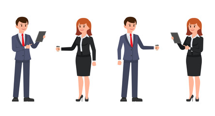 Businessman and businesswoman standing with tablet and coffee. Vector illustration of office coworkers cartoon characters