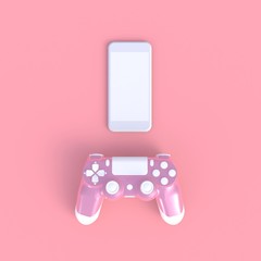 Pink joystick with smart phone on pink table background, Computer game competition, Gaming concept, 3D rendering