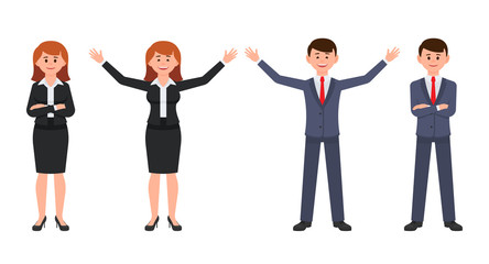Happy business man in dark blue suit and woman in black suit cartoon character. Vector illustration of male and female crossed hands