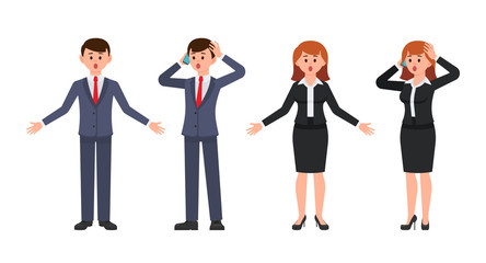 Surprised boy and girl office workers cartoon characters. Vector illustration of amazed business people